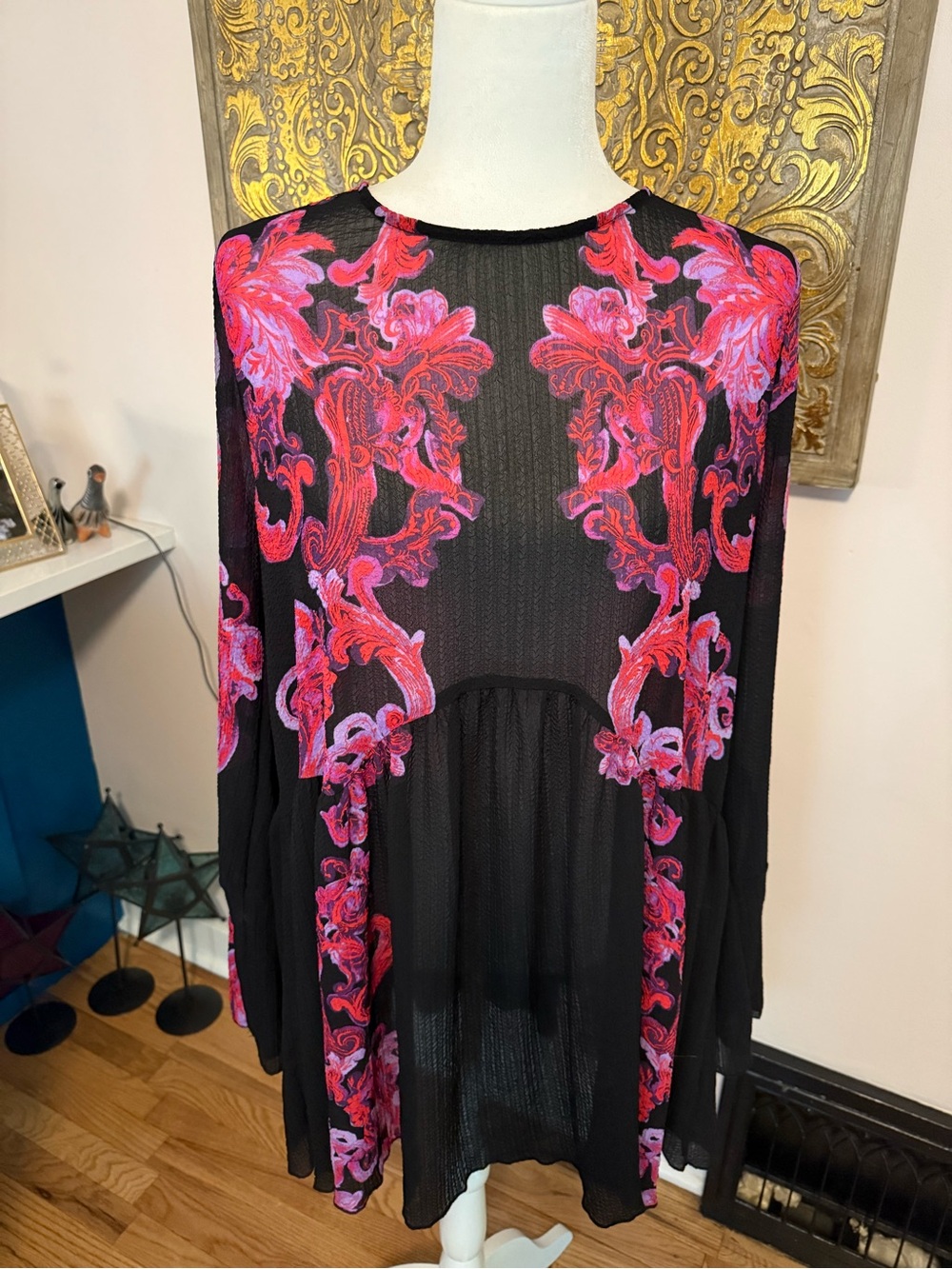 Free People Love Stitch Black Sheer Boho Tunic Dress | Open Back | Size L